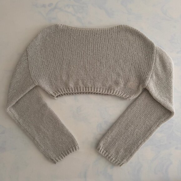 Light Grey Cropped Boat Neck Knit Long Sleeve Sweater - Picture 2 of 7